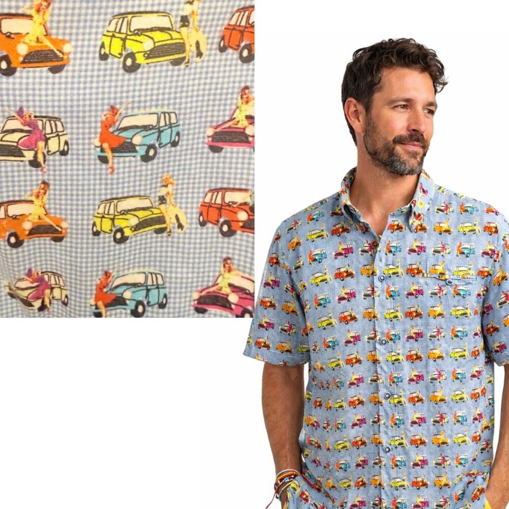 Visconti Black Retro Car Print Button-Up Shirt Novelty Graphic Short Sleeve XL
